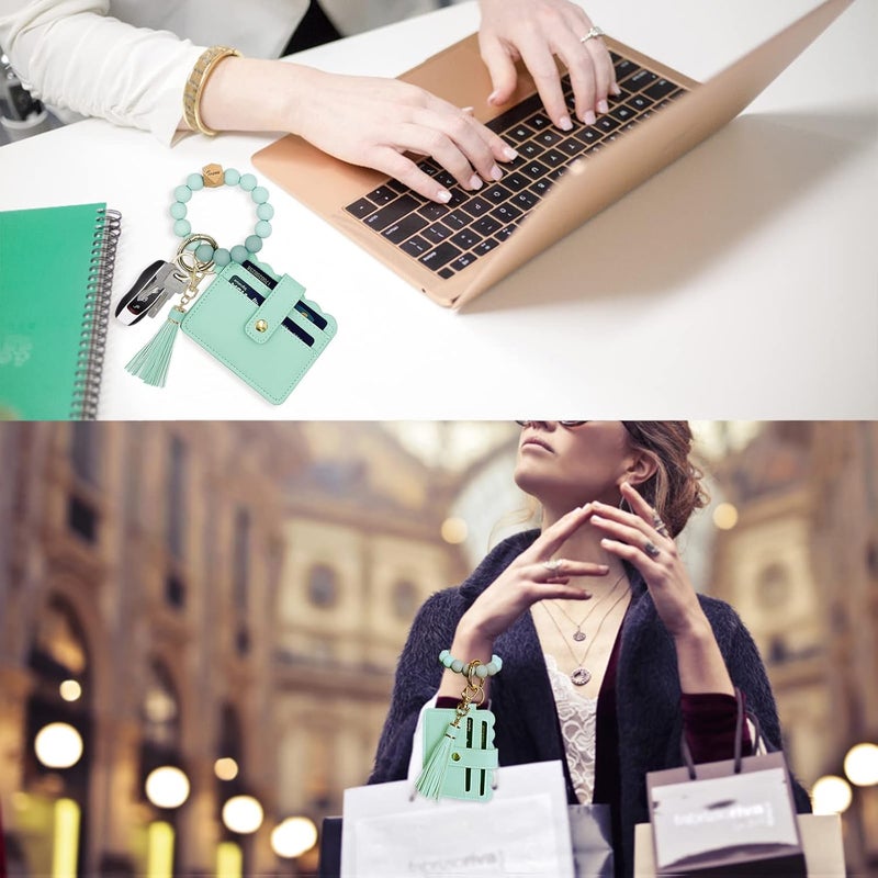TSNSOEEO Keychain Wallet Wristlet Small Credit Card Holder Bracelet Key Chain Purse Bangle Tassel Beads Key Rings for Women - Image 5